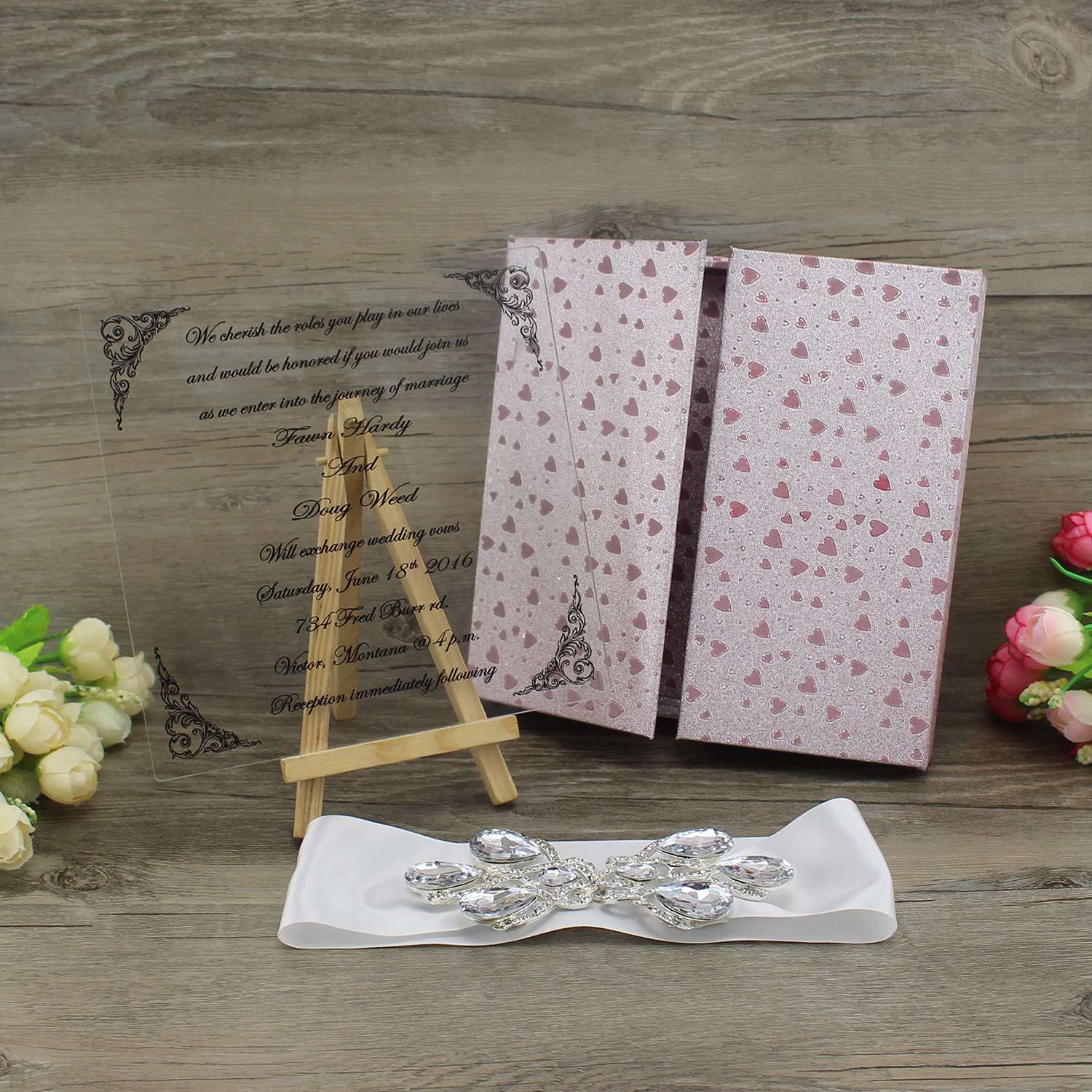 Pink Silk Box Invitation with Delicate Buckle Personalized Custom